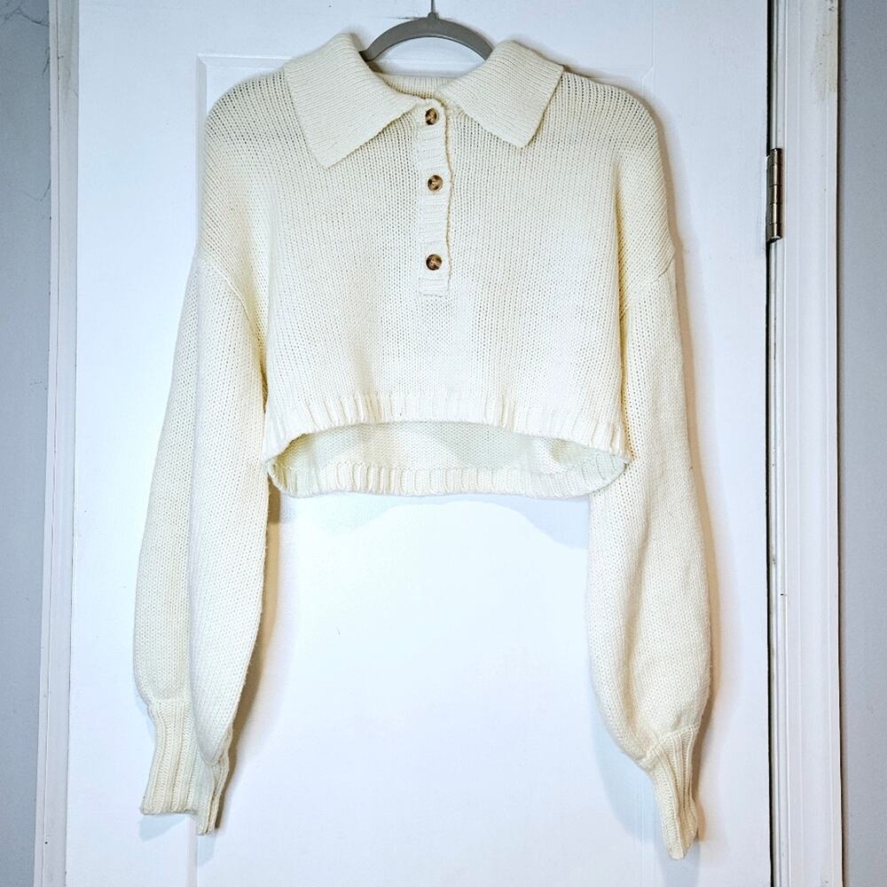 WeWoreWhat Cream Cropped Knit Polo Sweater Long Sleeve Small